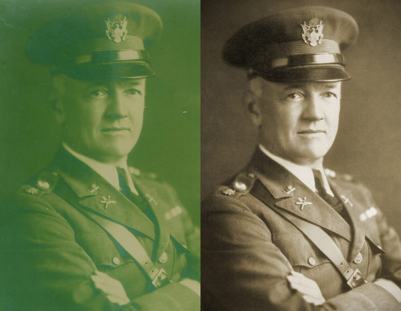 before and after of black and white photo of militrary man restored