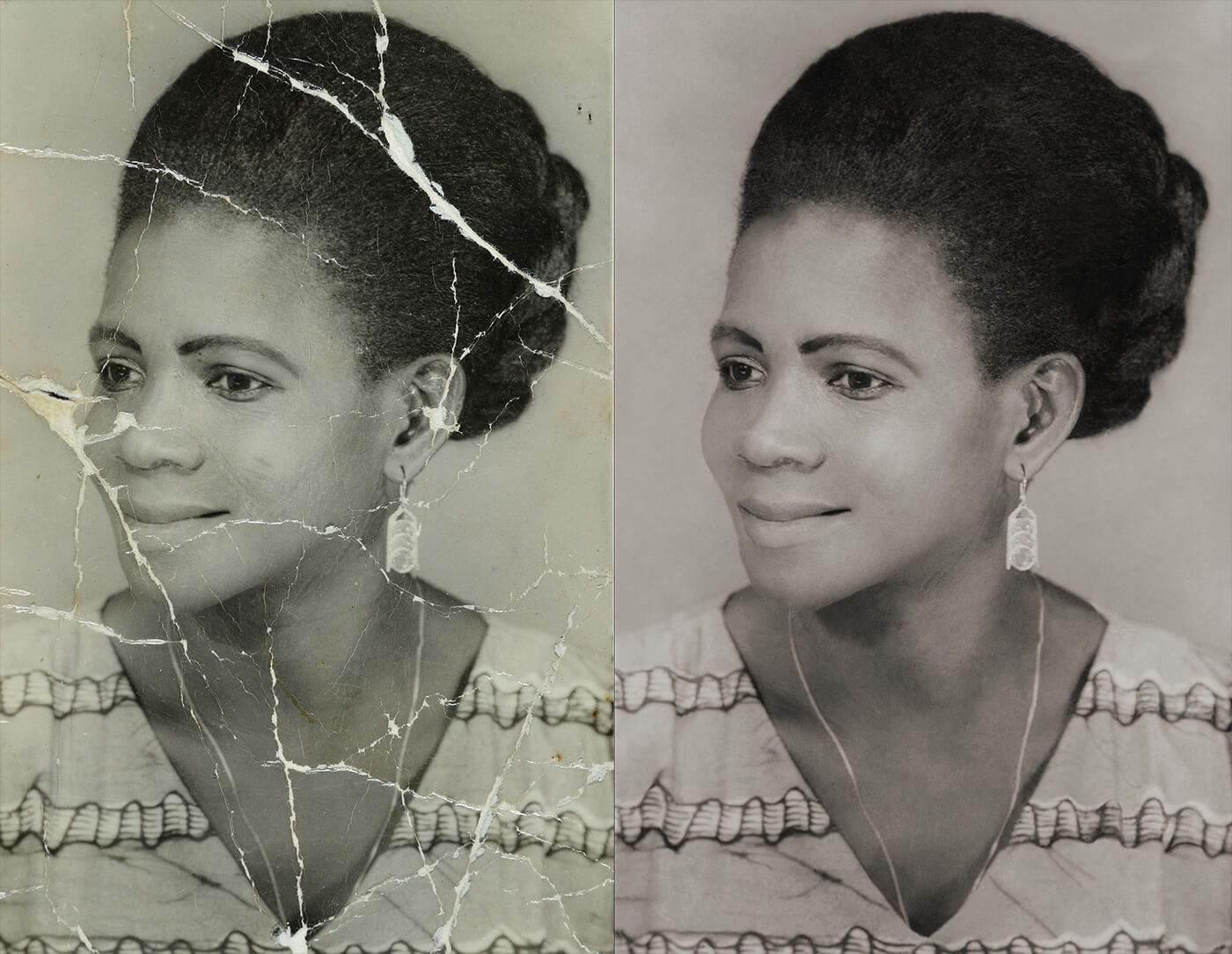 before and after of black and white photo of woman with cracks color corrected and restored