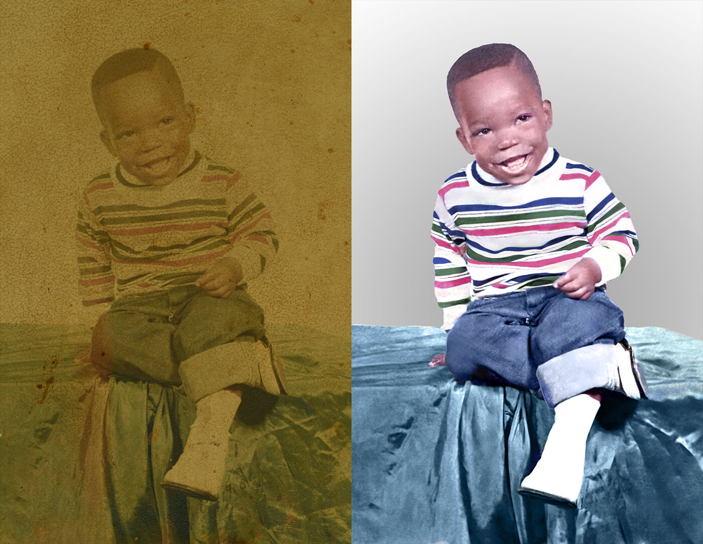 before and after of faded image of boy restored