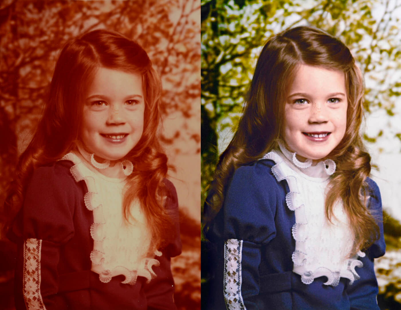 before and after of faded image of girl restored