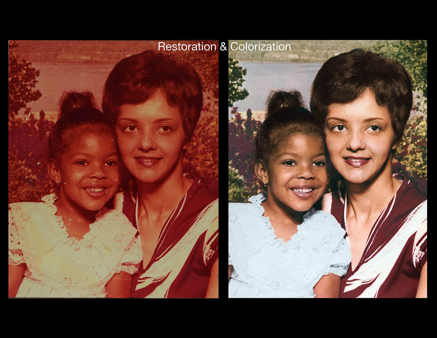before and after photo Colorization mother and child