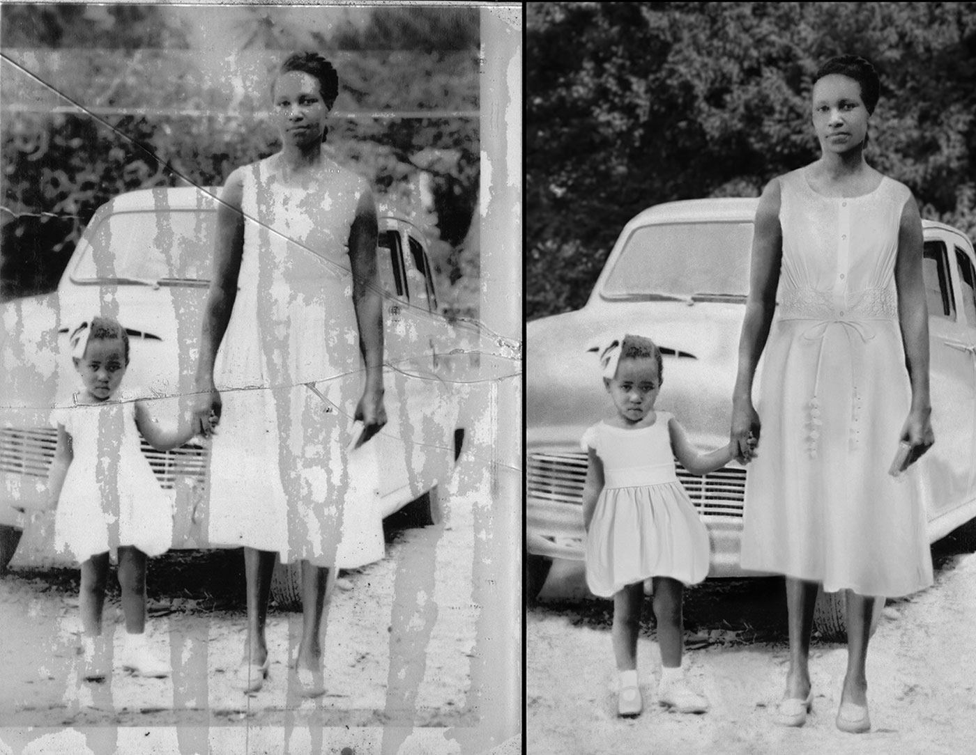 before and after photo restoration Lady with Little Girl 1950s