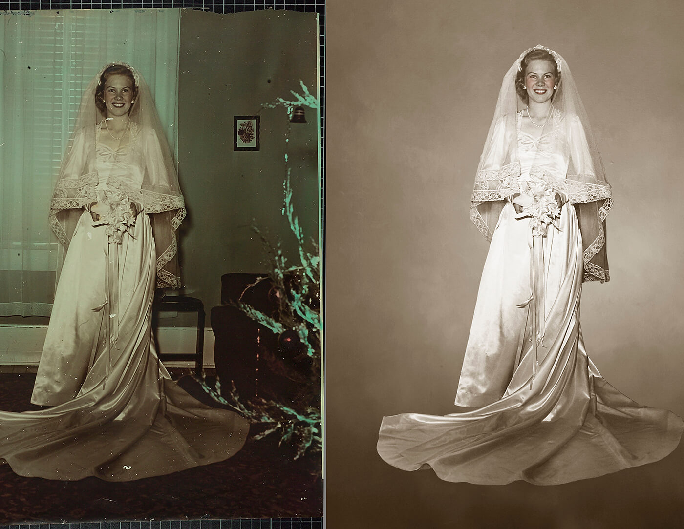 before and after photo neutral background bride
