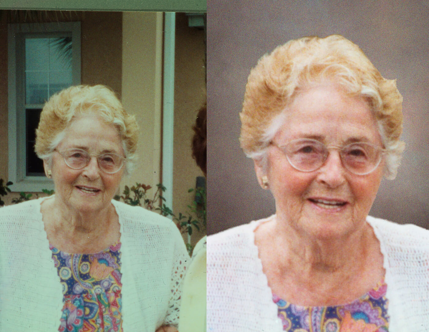 before and after photo neutral background lady in front of house