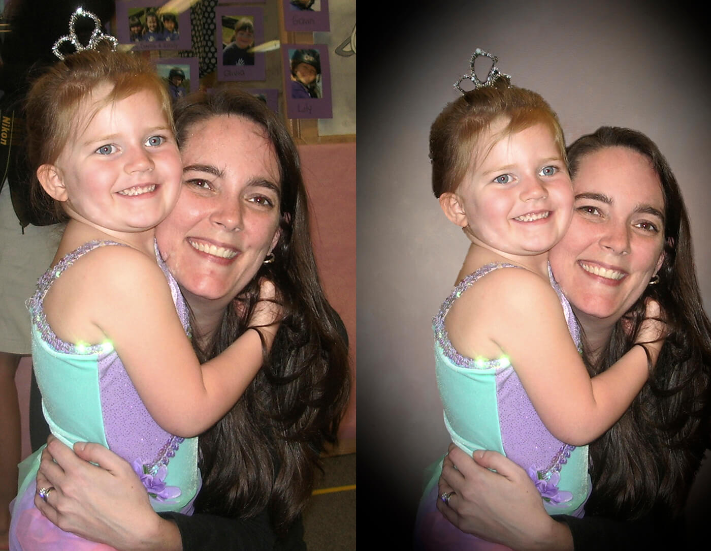 before and after photo neutral background mother and child