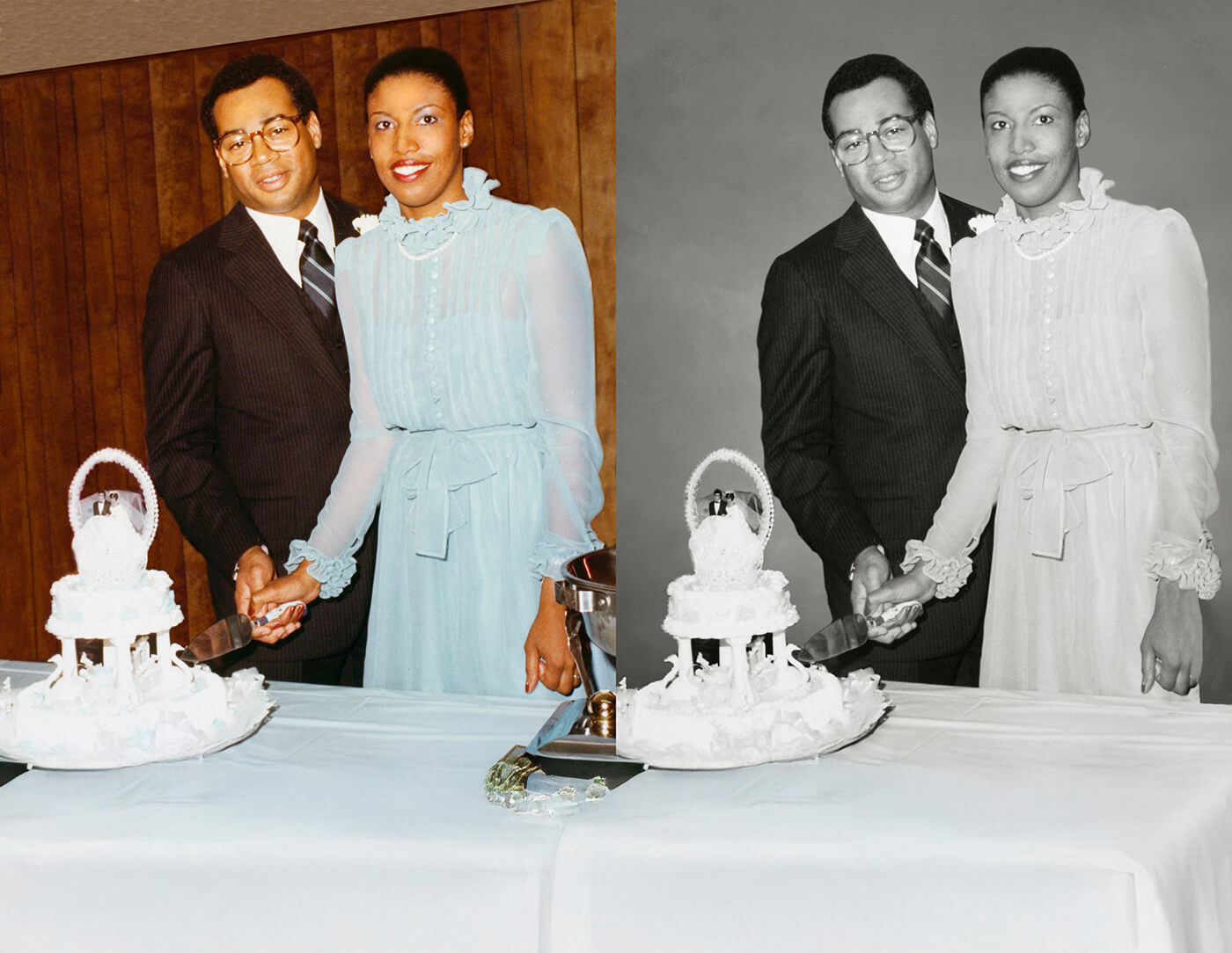before and after photo neutral background wedding couple
