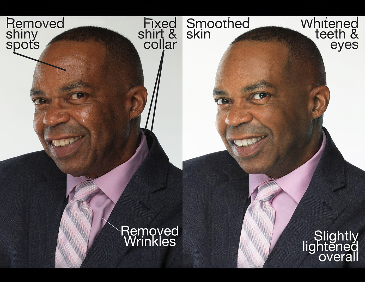 before and after photo retouch outlining details of changes
